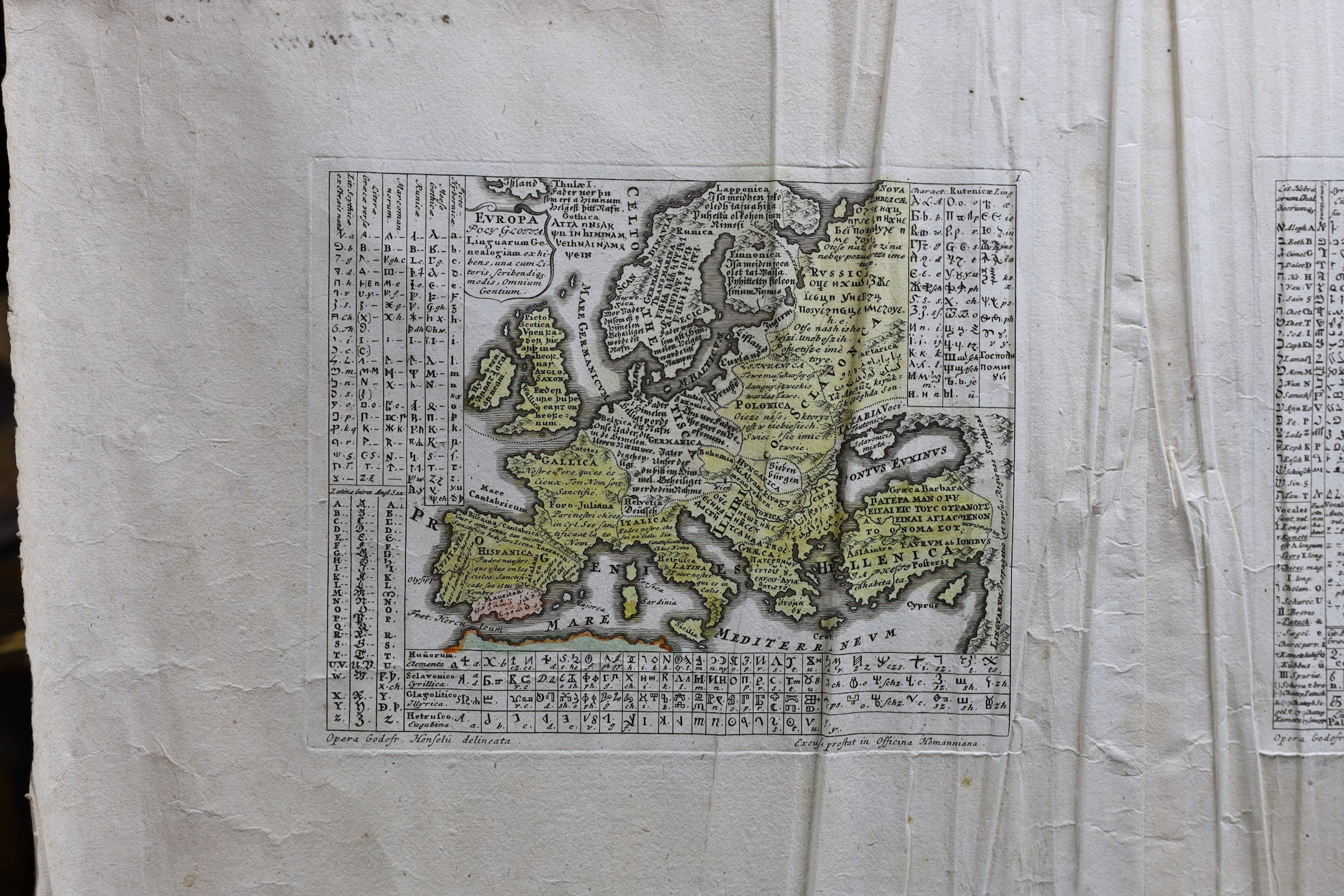 Godofredo Henselio [i.e., Gottfried Hensel], Scholae A. C. ap. Hirschb, four mappae geographico-polyglottae, in various languages and scripts, Nuremburg: Homann Heirs, 1741. and another map of Europe